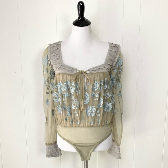 Free People Sheer Meadows Bodysuit Women’s Size XS Embroidered Blue Green NWT - Picture 1 of 15
